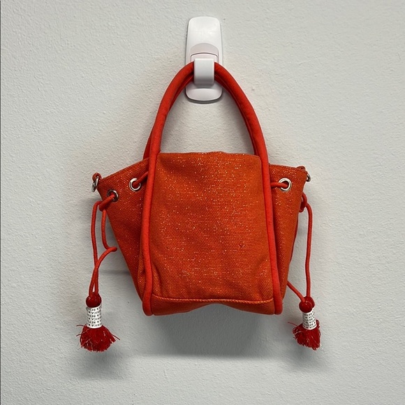 American & Beyond |Orange Beaded Mini Tote/Bucket Bag w/ Beaded Crossbody Strap - Picture 5 of 11